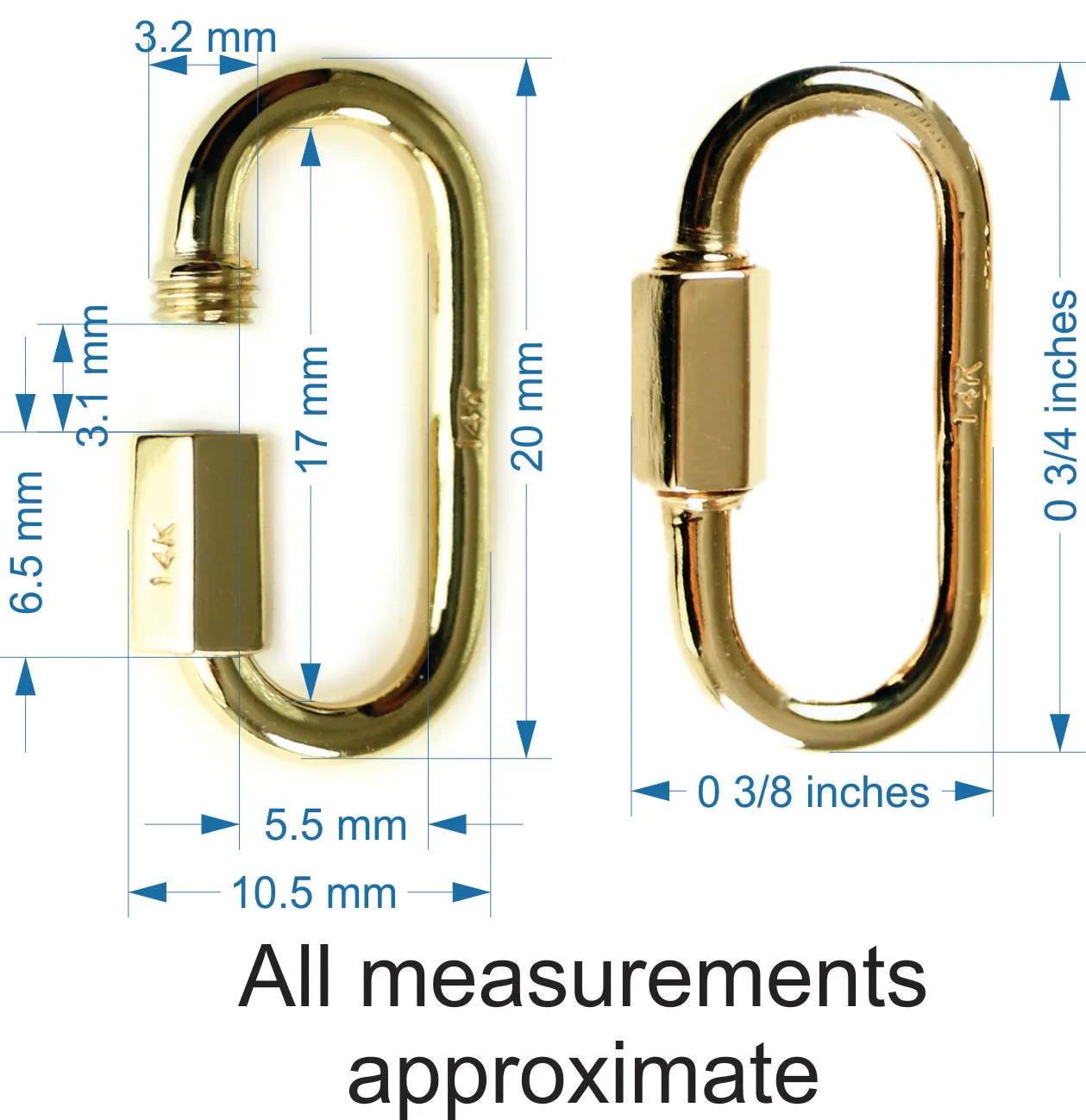 20 mm 14 Karat Gold Quick Link Miniature Lock - Carabiner