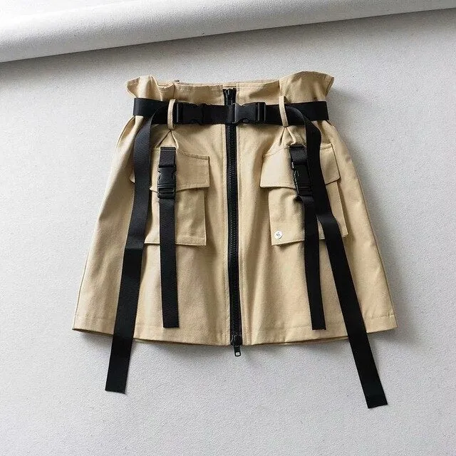 2020 Women's Skirts Casual Pockets Skirt Sashes Ladies Short Tool Skirt Summer A Line Zipper One-Step Skirt High Waist Mini Skir