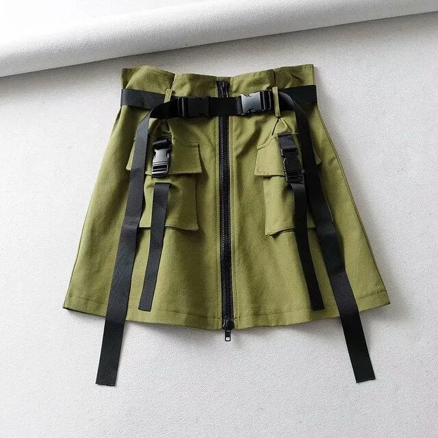 2020 Women's Skirts Casual Pockets Skirt Sashes Ladies Short Tool Skirt Summer A Line Zipper One-Step Skirt High Waist Mini Skir