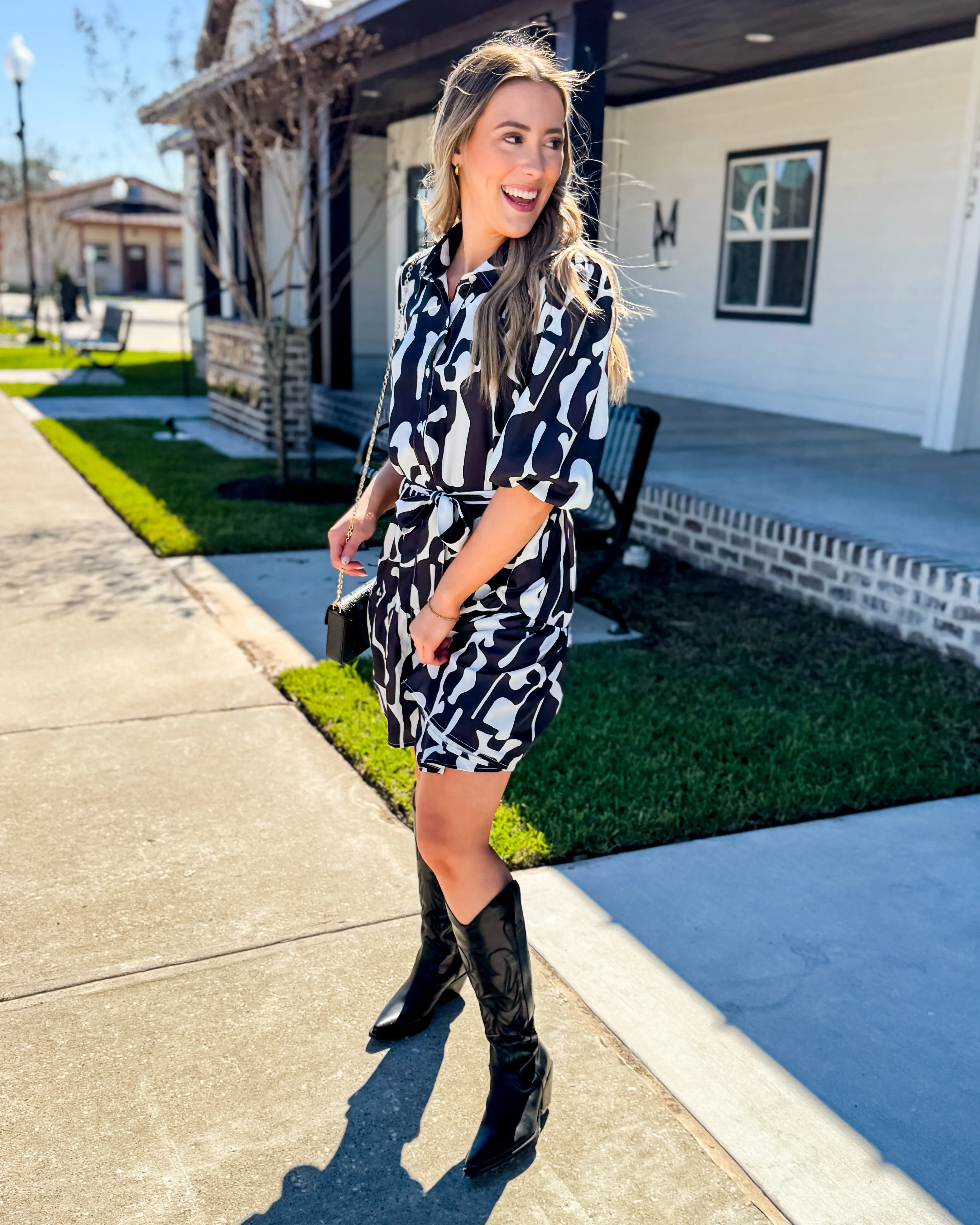 Abstract Print Collared Dress in Black Mix