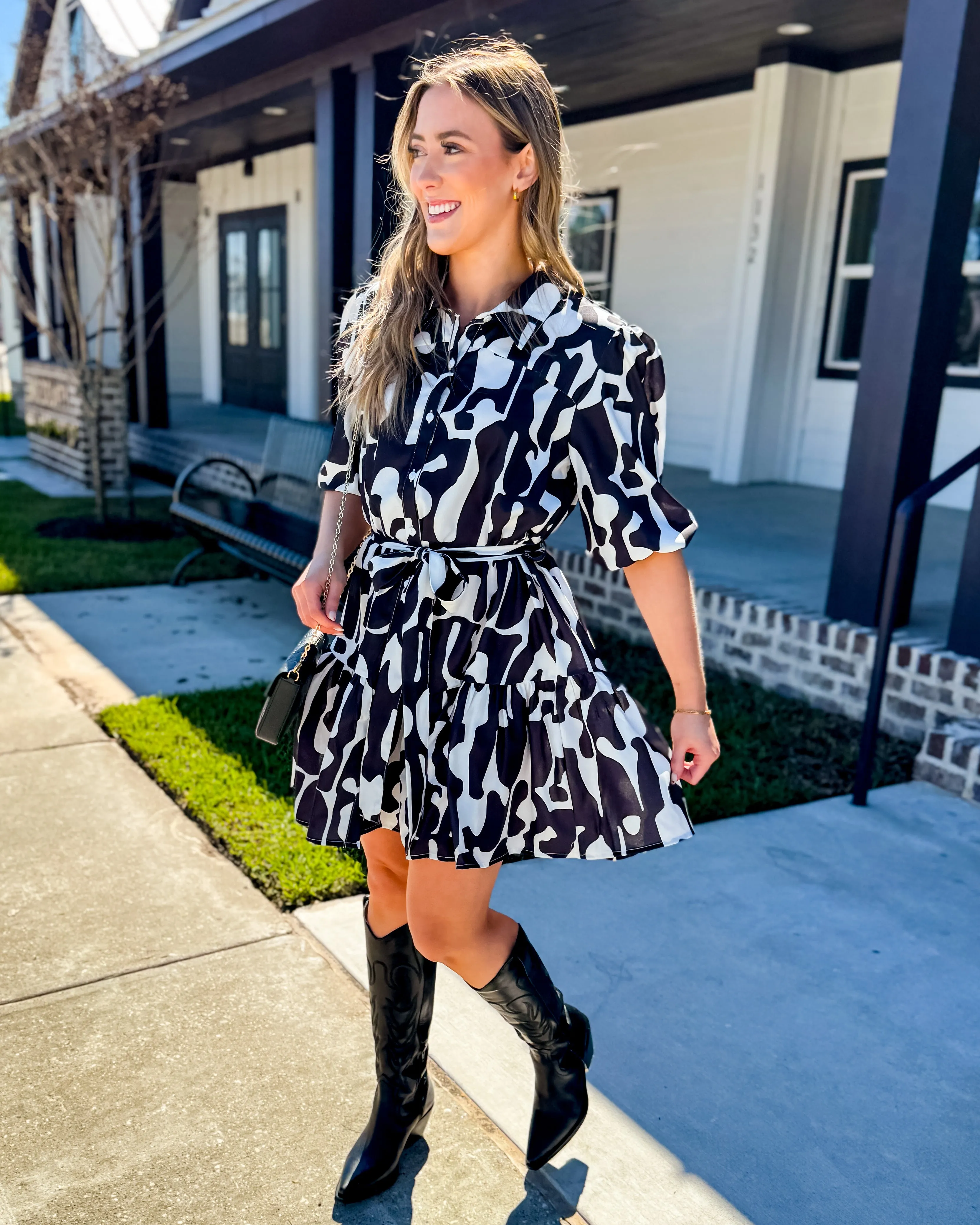 Abstract Print Collared Dress in Black Mix