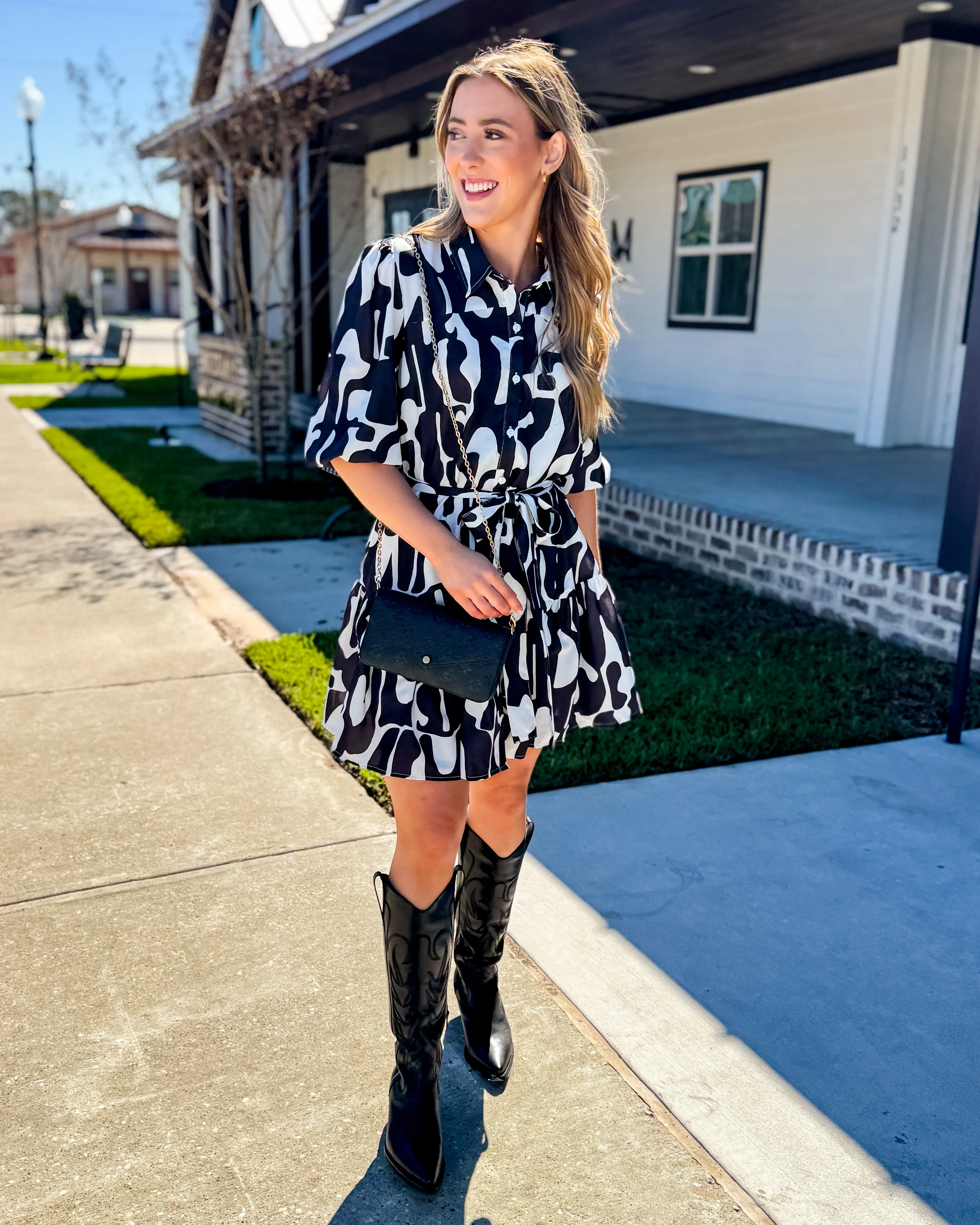 Abstract Print Collared Dress in Black Mix