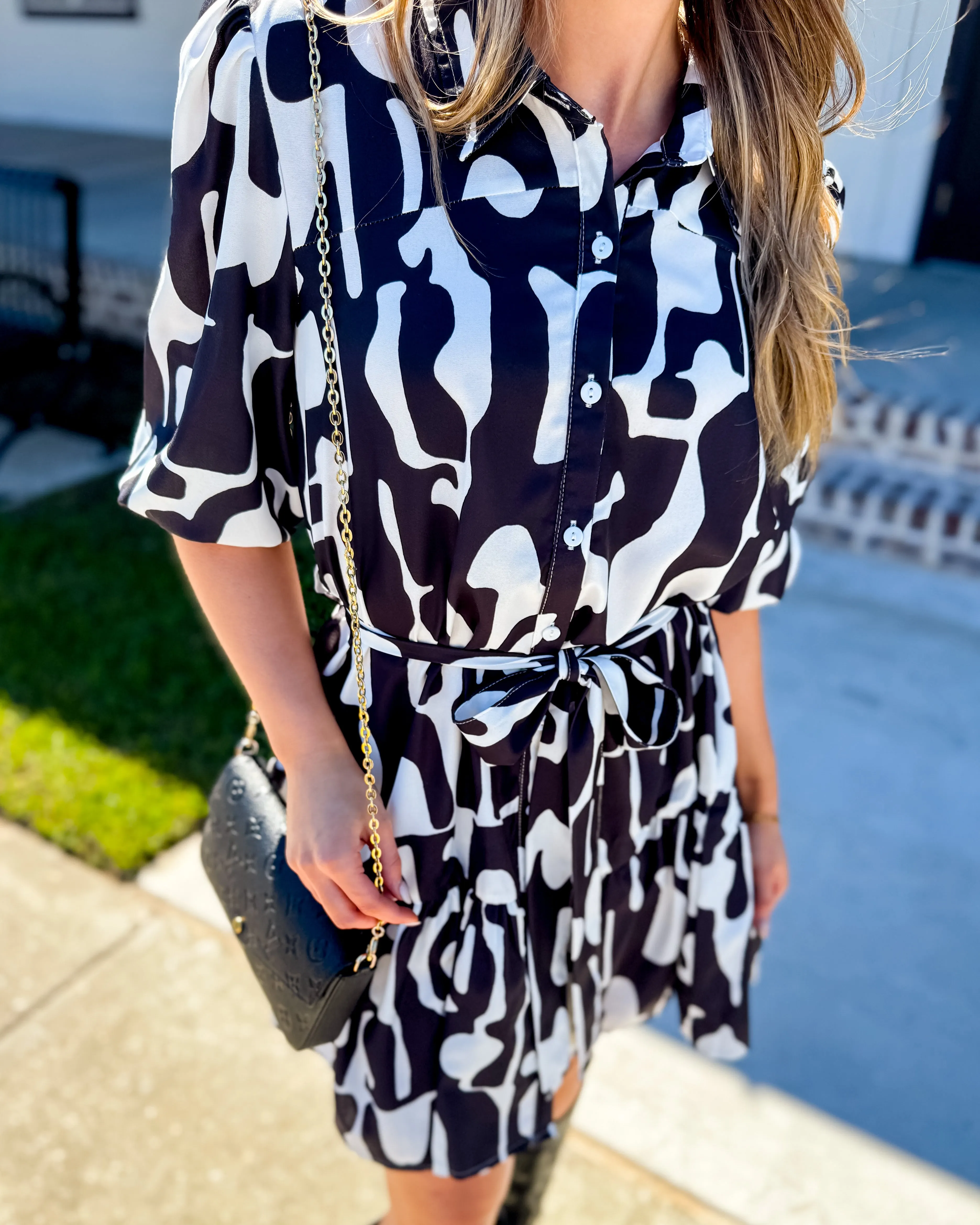 Abstract Print Collared Dress in Black Mix