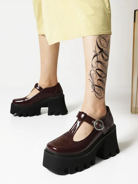 Academic Lolita Footwear Black PU Leather Wedge Heel Lolita Pumps