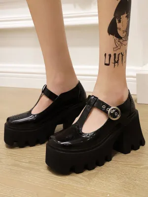 Academic Lolita Footwear Black PU Leather Wedge Heel Lolita Pumps