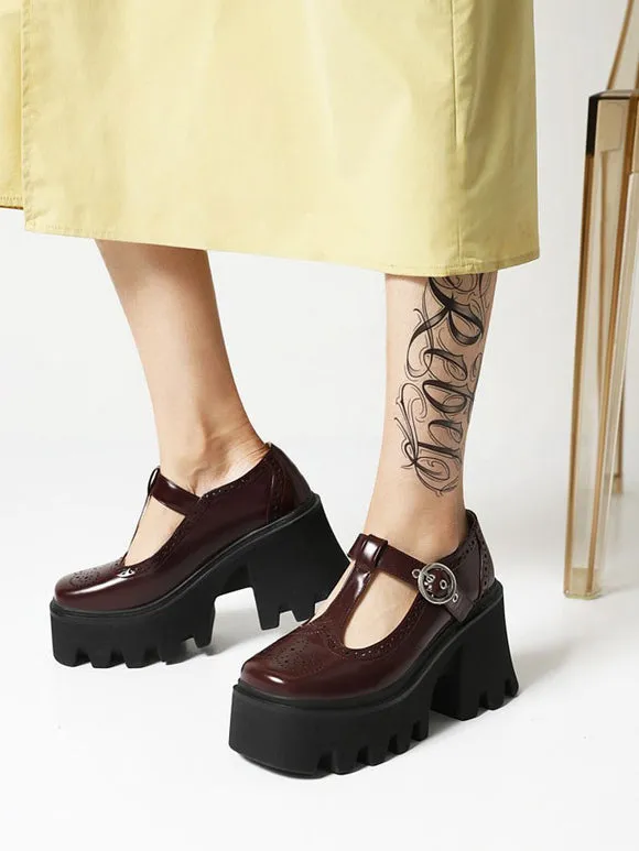 Academic Lolita Footwear Black PU Leather Wedge Heel Lolita Pumps