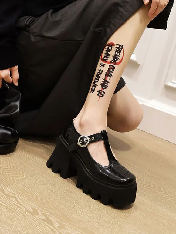 Academic Lolita Footwear Black PU Leather Wedge Heel Lolita Pumps