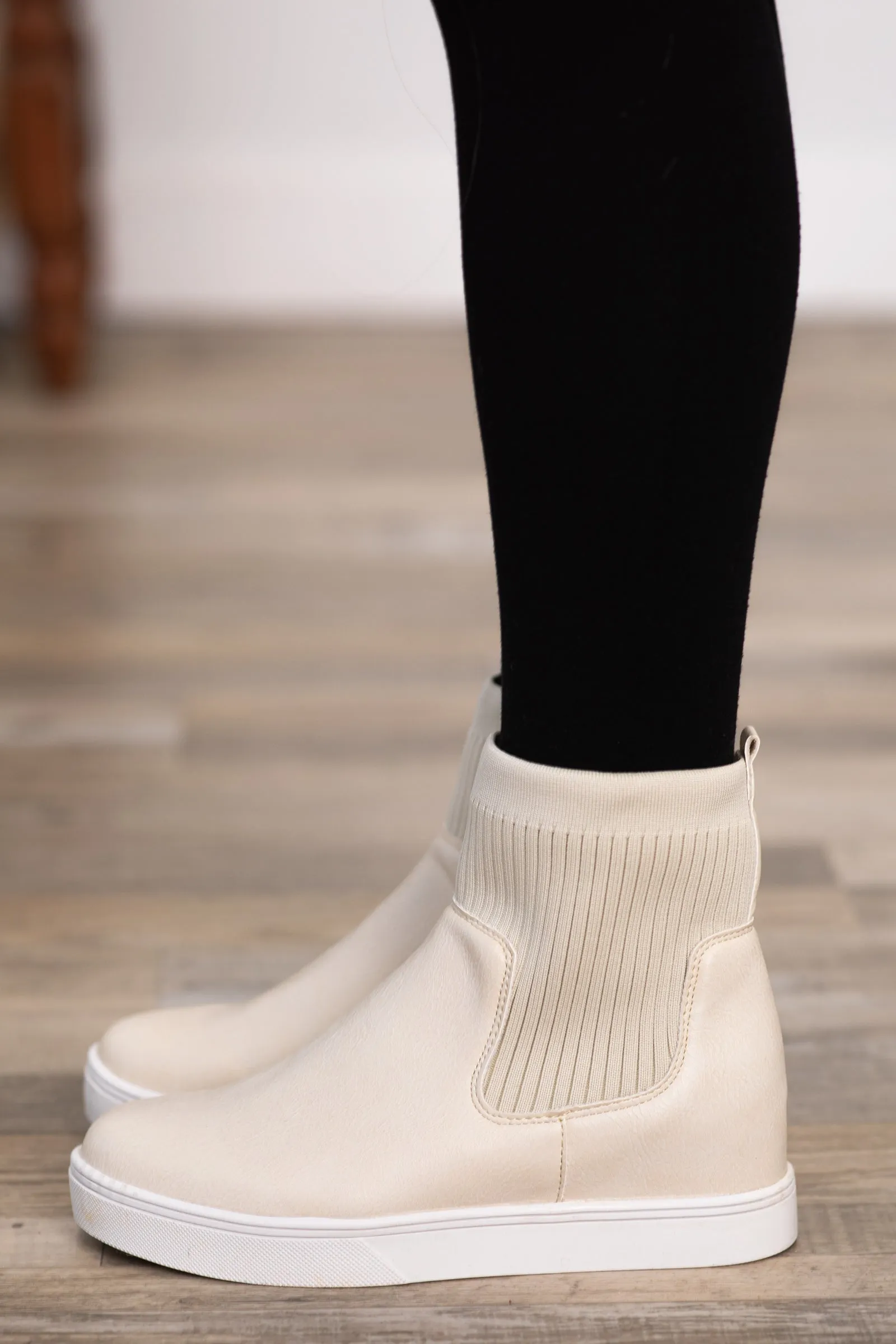 Beige Faux Leather Sneakers With Knit Trim
