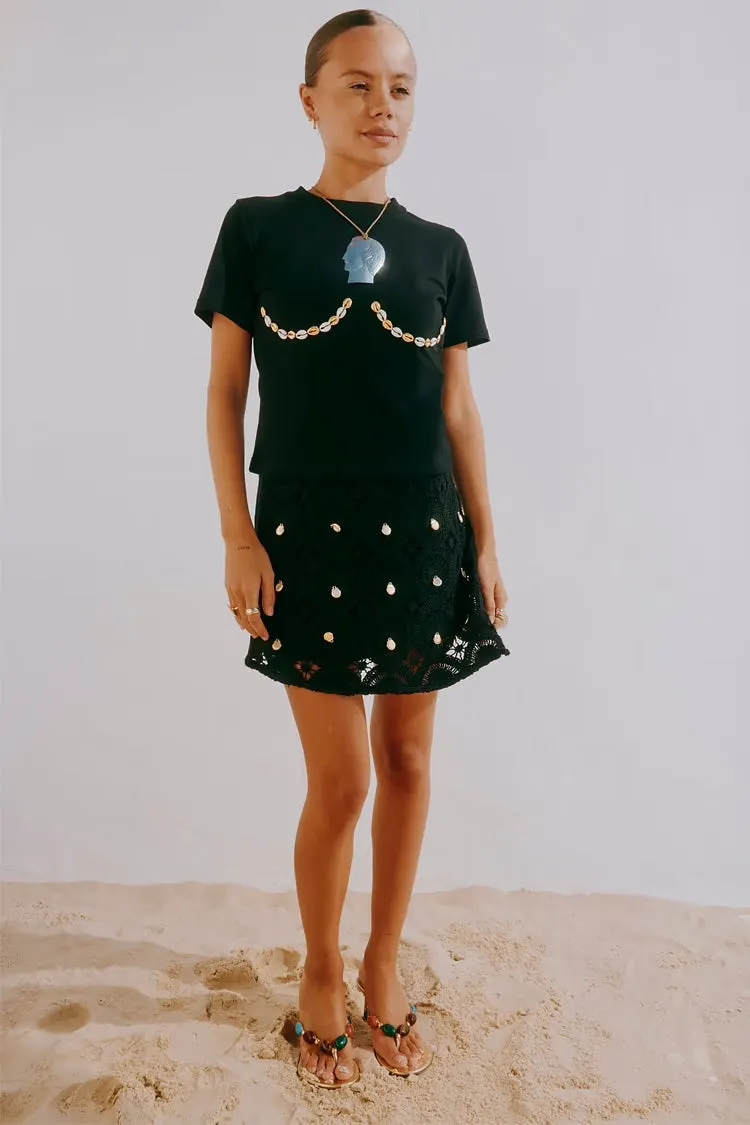 Black Crochet Shell Wrap Skirt