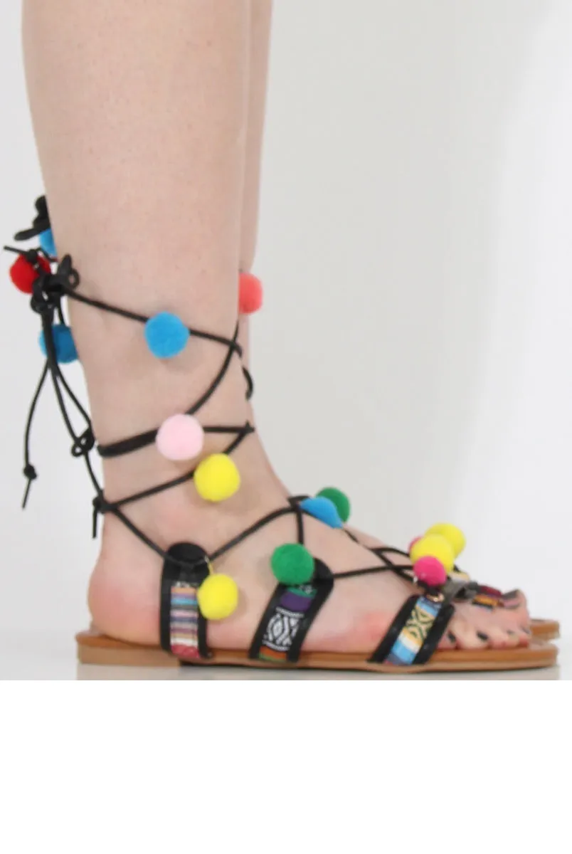 Black Pom Pom Lace Up Sandals - Vixi