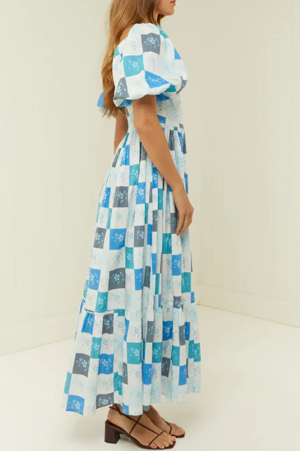 Blue Square Print Puff Sleeve Flat Collar Waist Long Dress