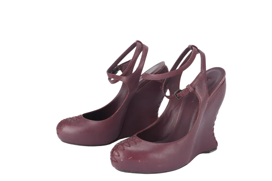BOTTEGA VENETA WEDGE PUMPS MAROON LEATHER SIZE 35.5