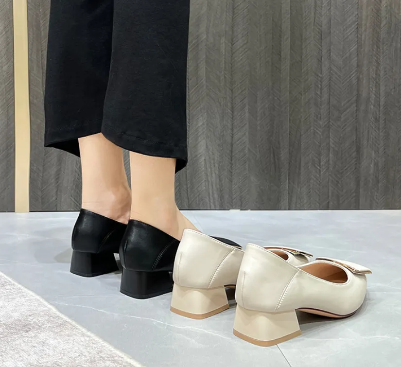Bow Pumps Medium Chunky Heel Shoes for Woman 2688