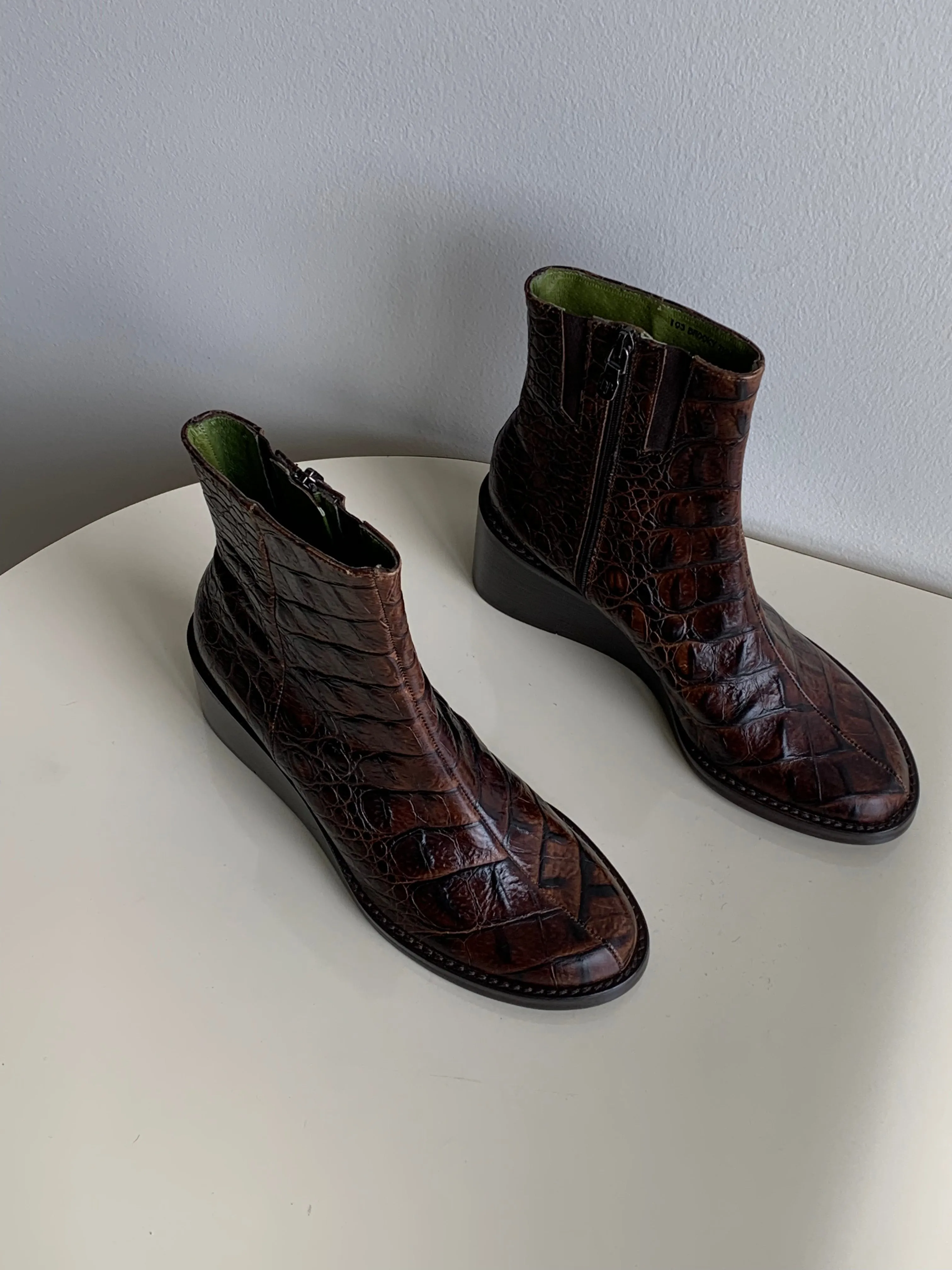brown croc wedge boots