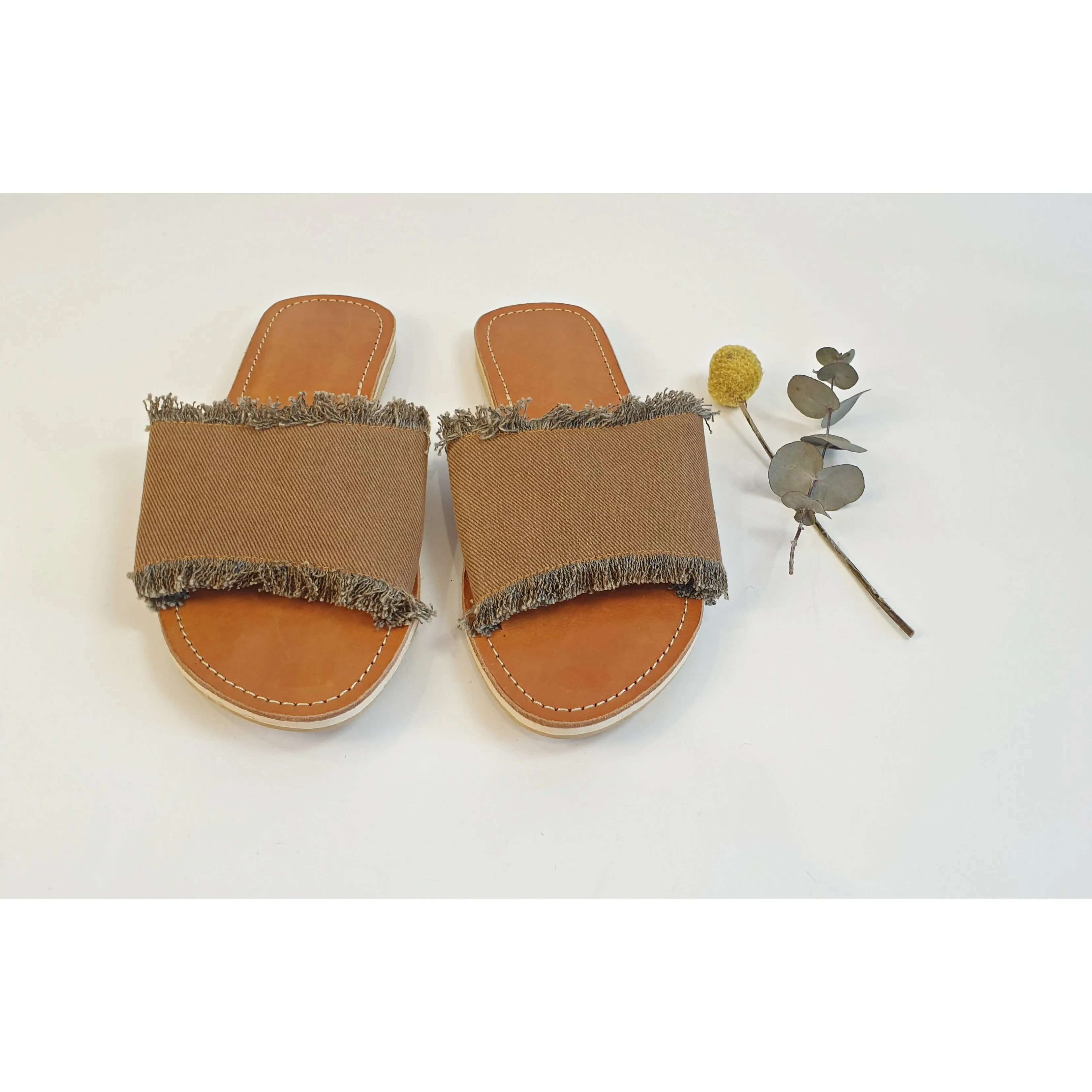 Brown denim slide on shoes with freyed edges size 39