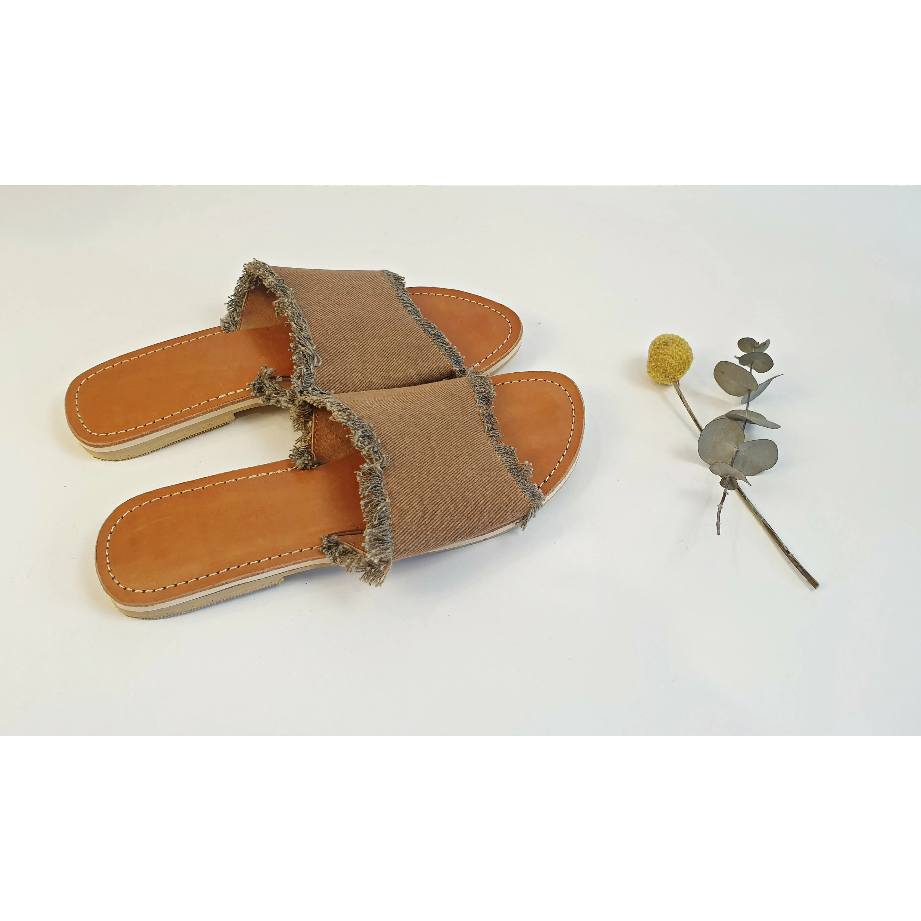 Brown denim slide on shoes with freyed edges size 39