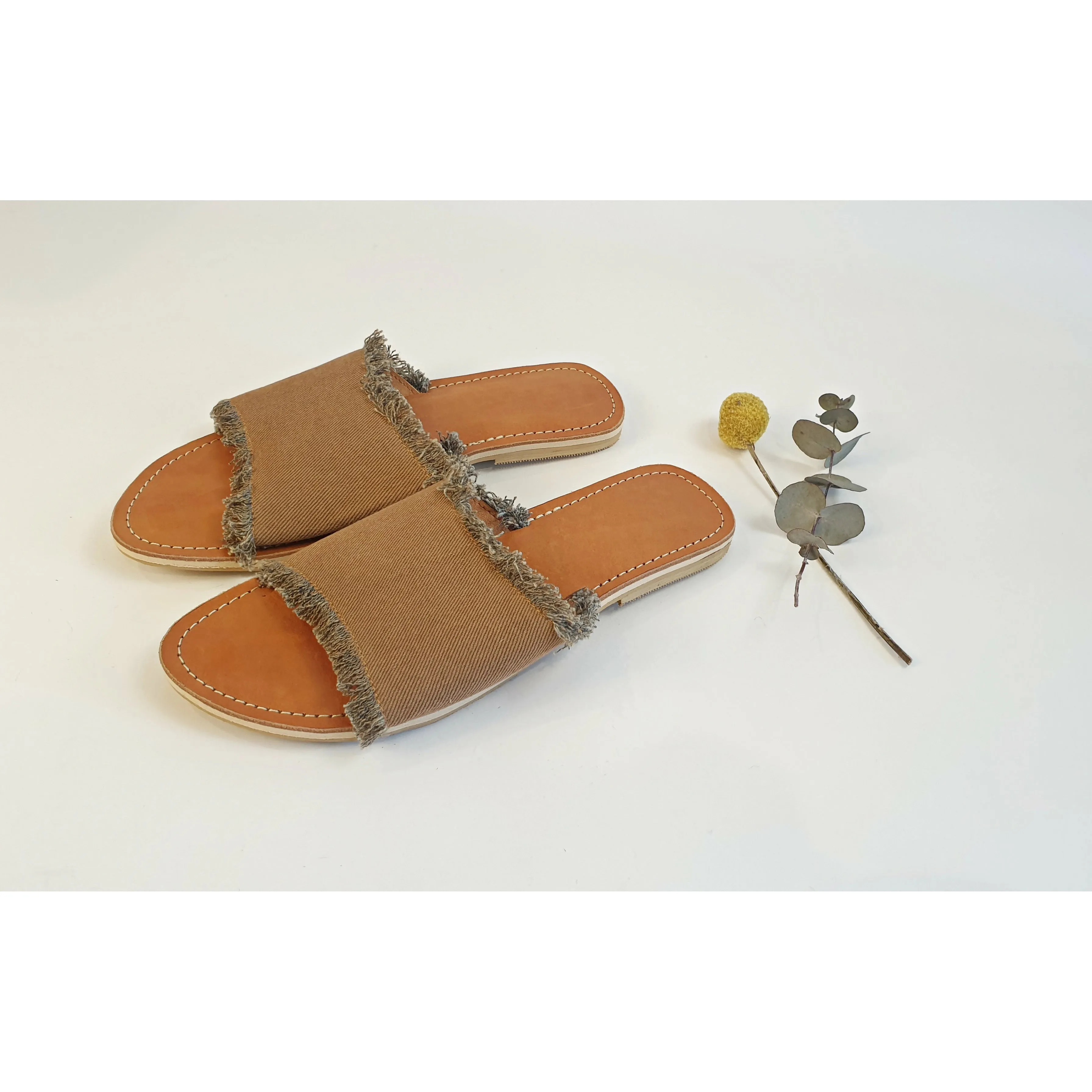 Brown denim slide on shoes with freyed edges size 39