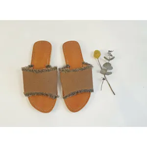 Brown denim slide on shoes with freyed edges size 39
