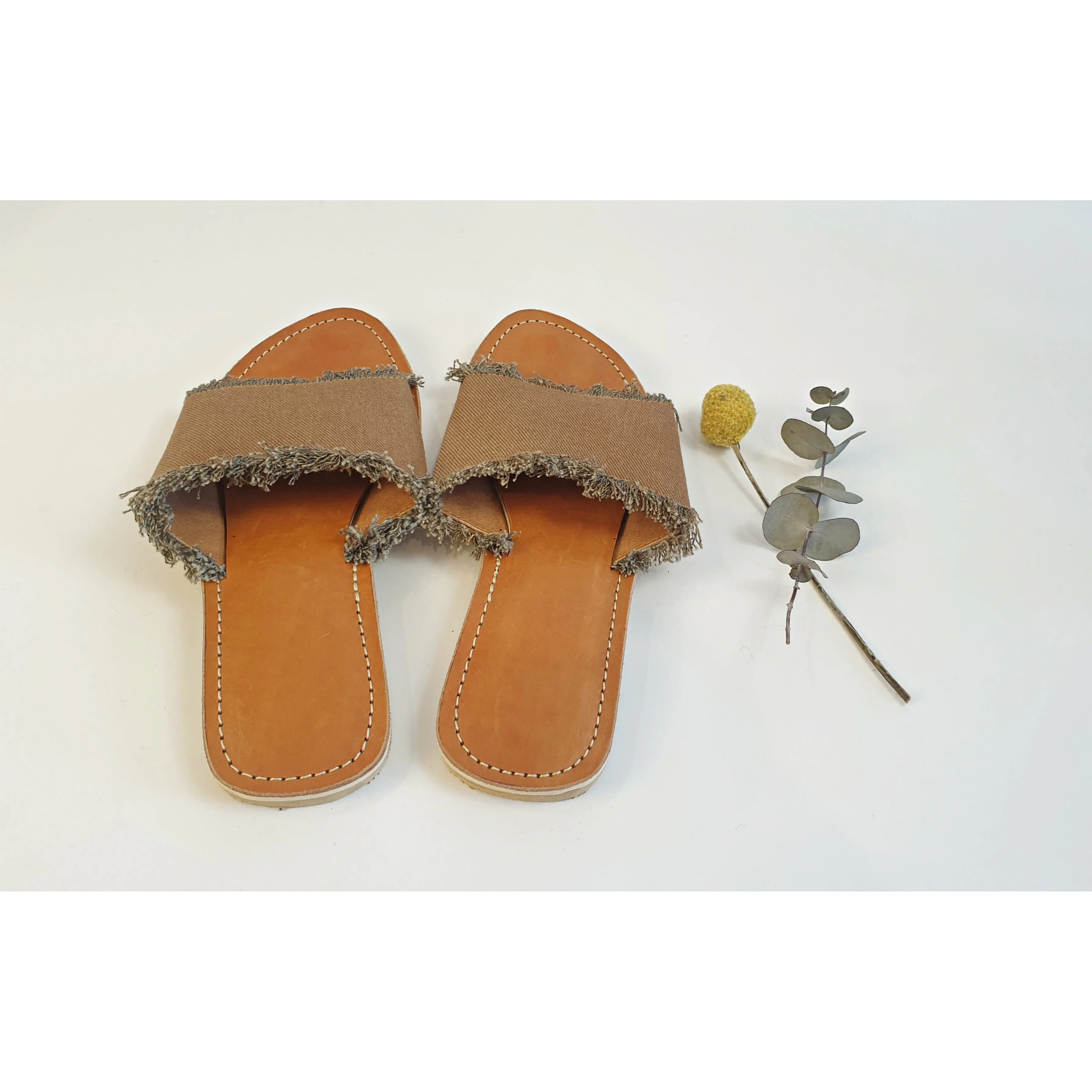 Brown denim slide on shoes with freyed edges size 39