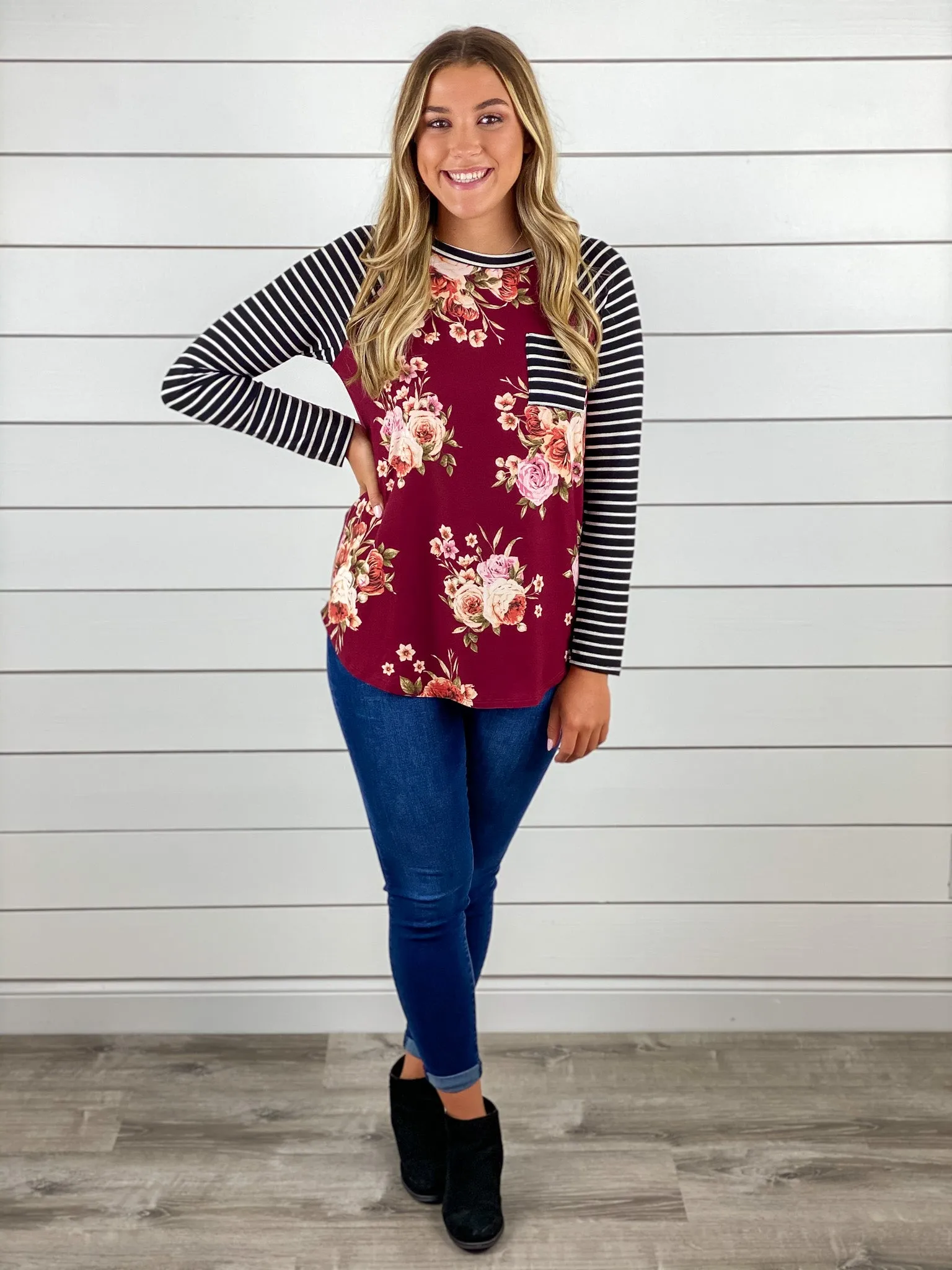 Burgundy Floral Stripe Top