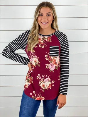 Burgundy Floral Stripe Top