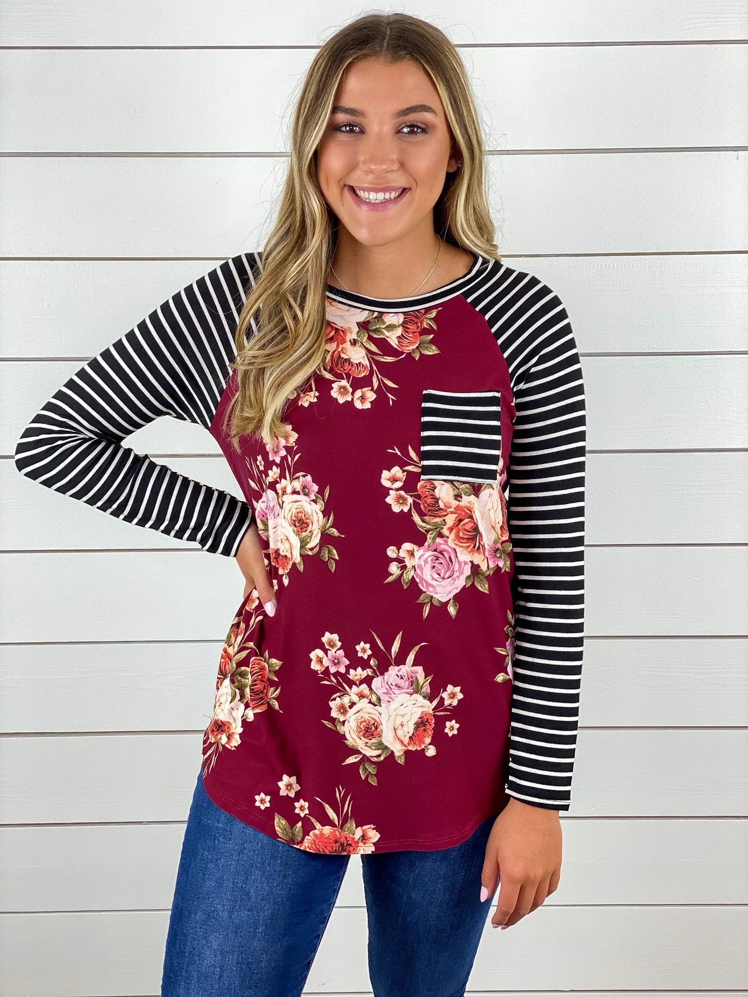 Burgundy Floral Stripe Top