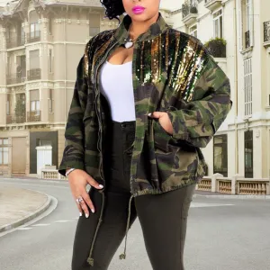 Camouflage Print Sequins Drawstring Coat