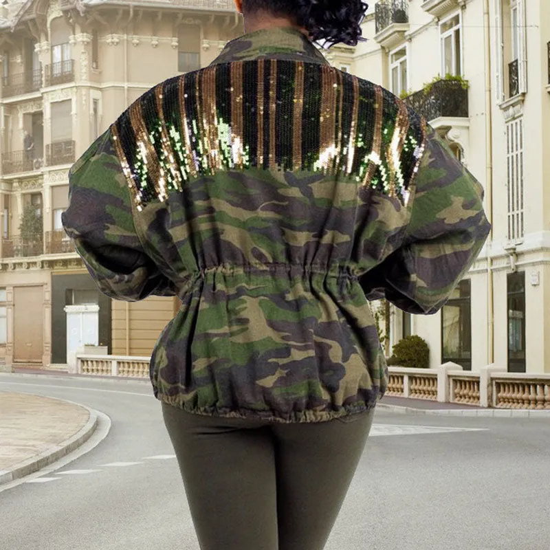 Camouflage Print Sequins Drawstring Coat