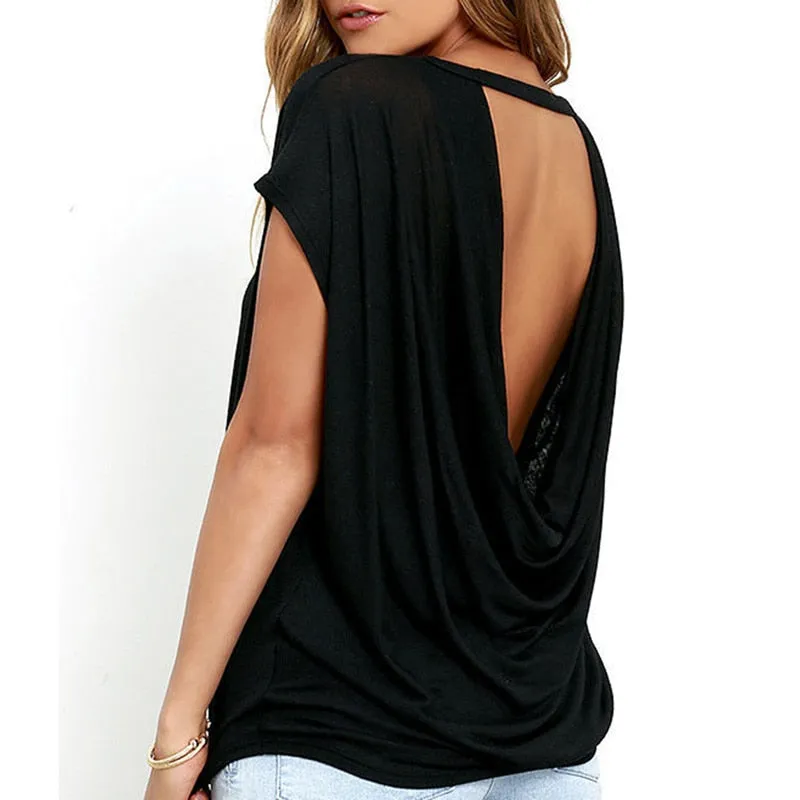 Casual Draped Backless Short Sleeve Top