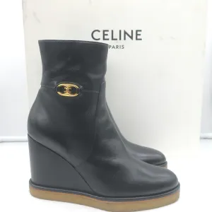 Celine Claude Wedge Ankle Boots Black Leather Size 38