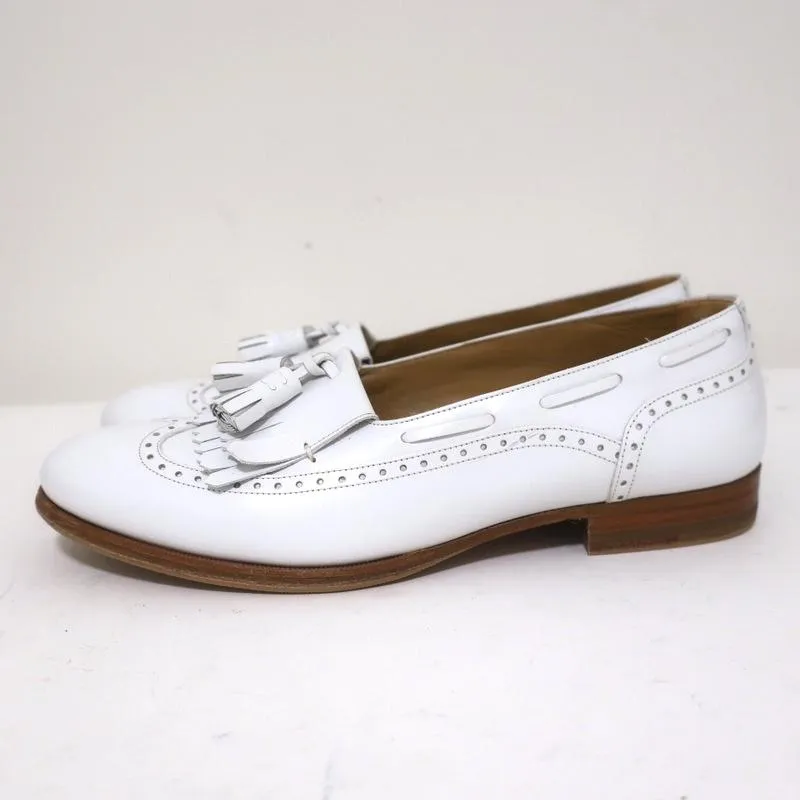 Celine Tassel Wingtip Loafers White Leather Size 38 Slip-On Flats