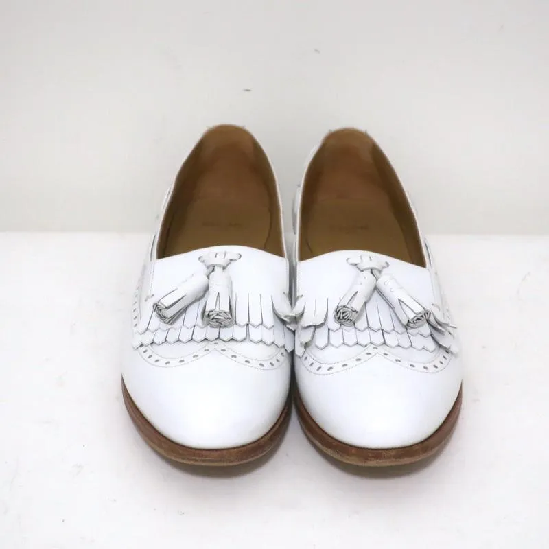 Celine Tassel Wingtip Loafers White Leather Size 38 Slip-On Flats