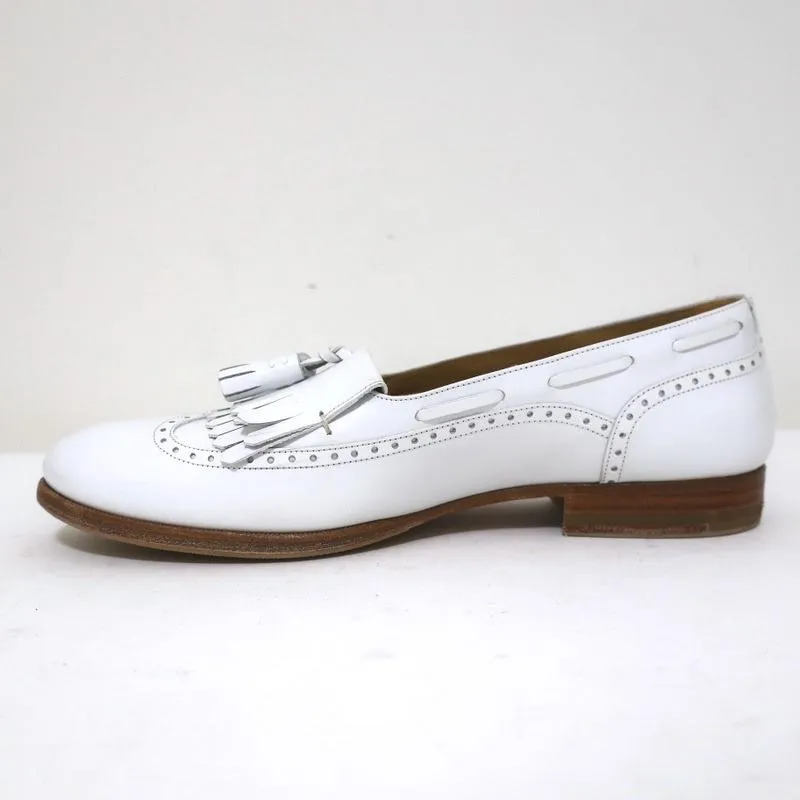 Celine Tassel Wingtip Loafers White Leather Size 38 Slip-On Flats