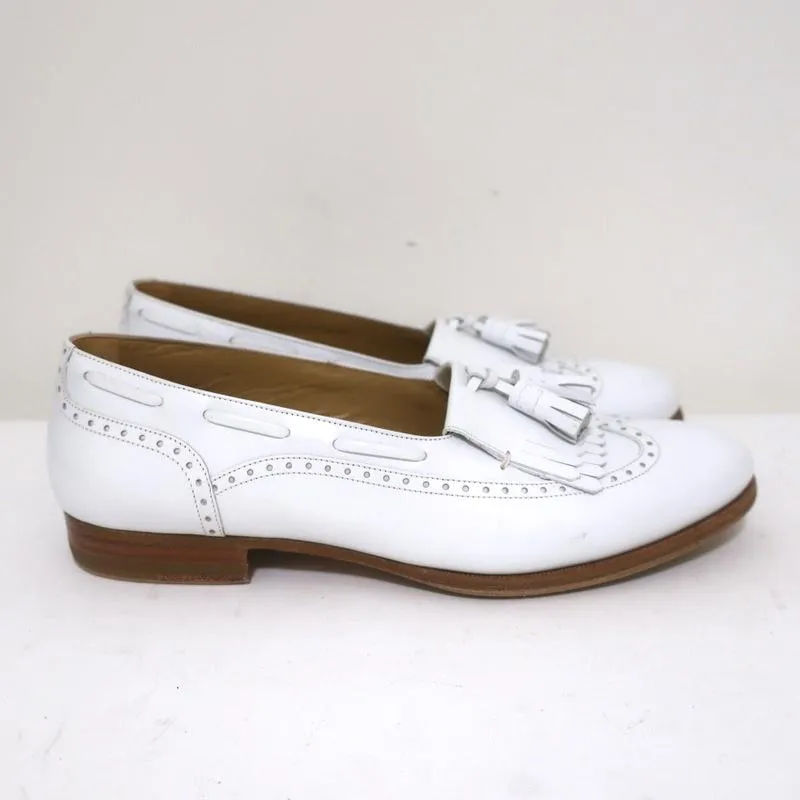 Celine Tassel Wingtip Loafers White Leather Size 38 Slip-On Flats