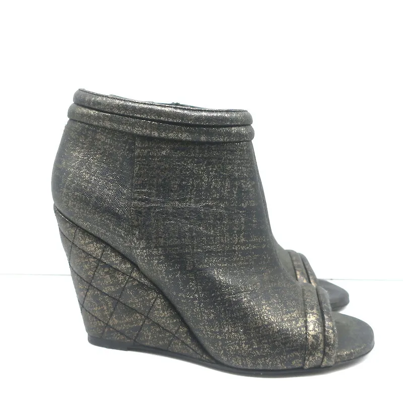 Chanel 16S Quilted Wedge Booties Black/Gold Size 36 Open Toe Ankle Boots