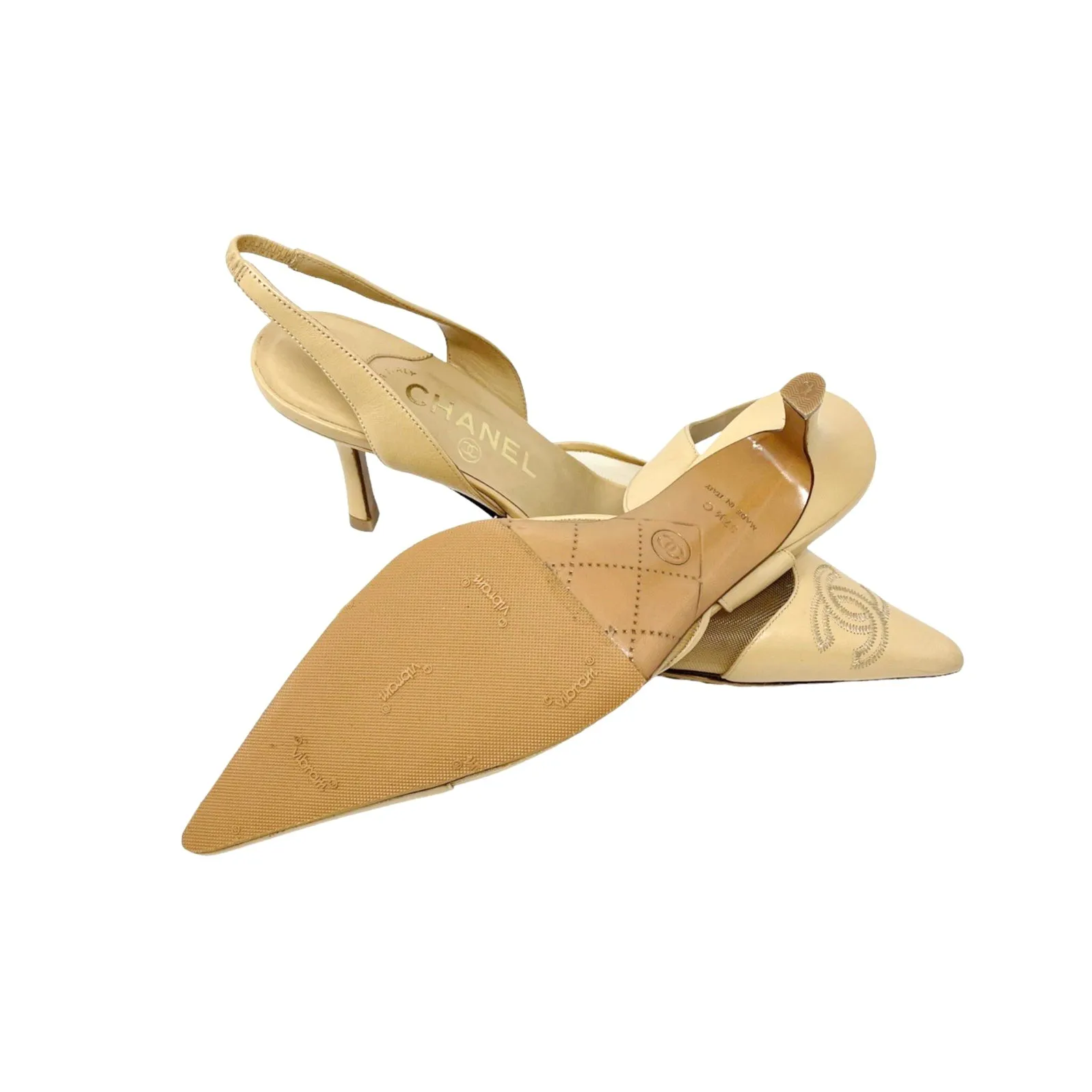 Chanel Beige Mesh Slingback Logo Heels