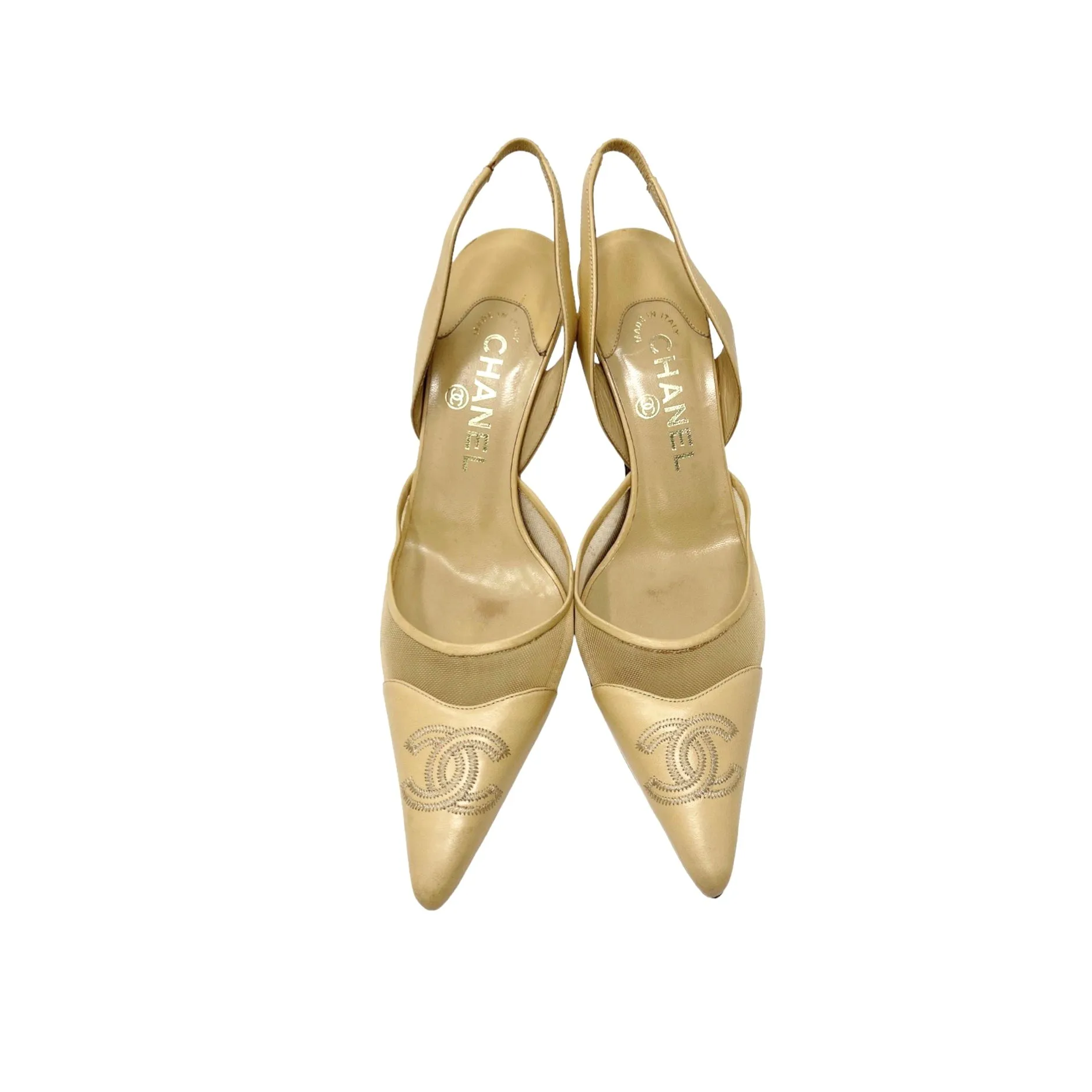 Chanel Beige Mesh Slingback Logo Heels