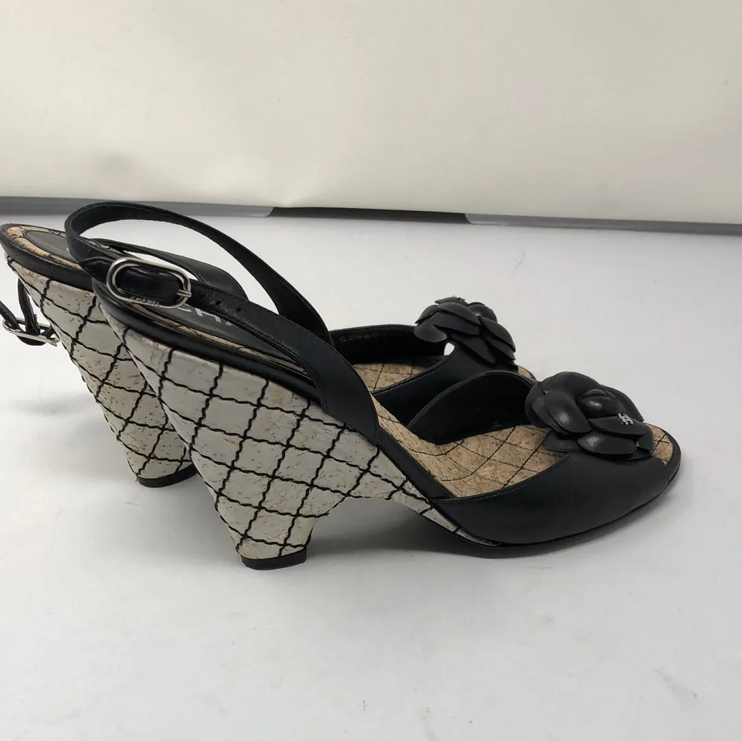 CHANEL Black Leather Wedge Sandal with Flower detail