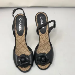 CHANEL Black Leather Wedge Sandal with Flower detail