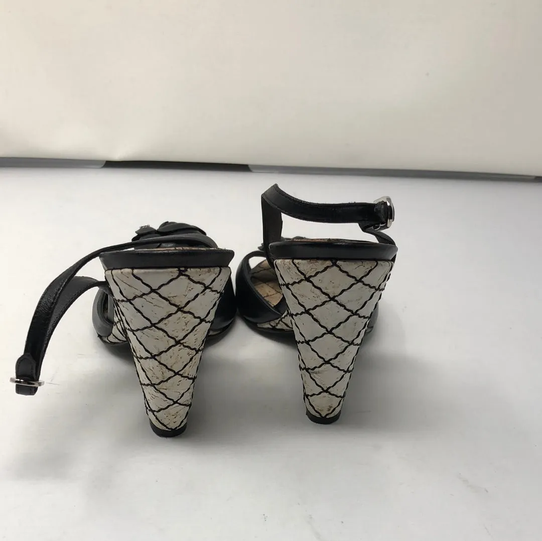 CHANEL Black Leather Wedge Sandal with Flower detail