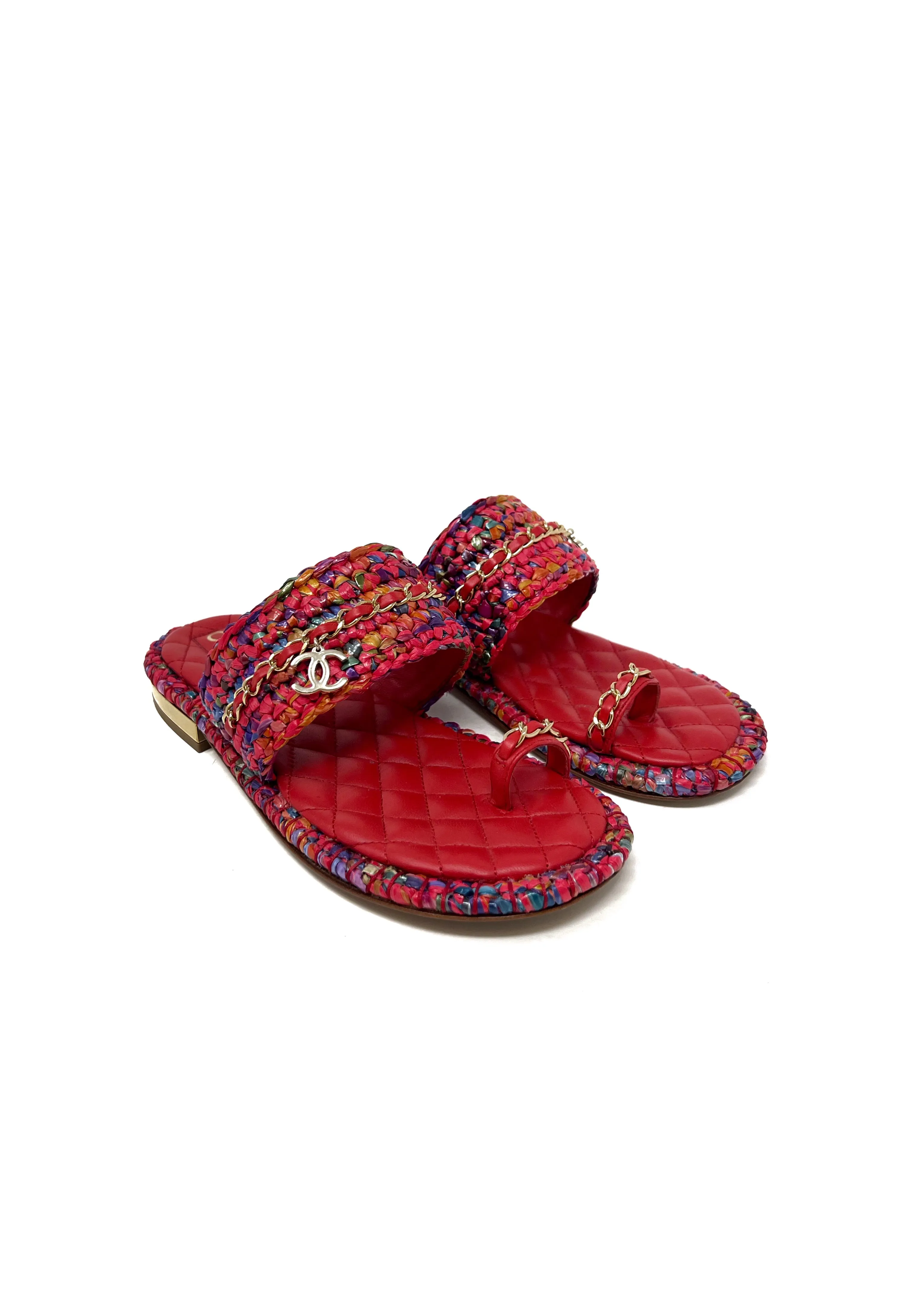 Chanel Size 36.5 '20S/S Raffia Chain Toe Ring Leather Sandals