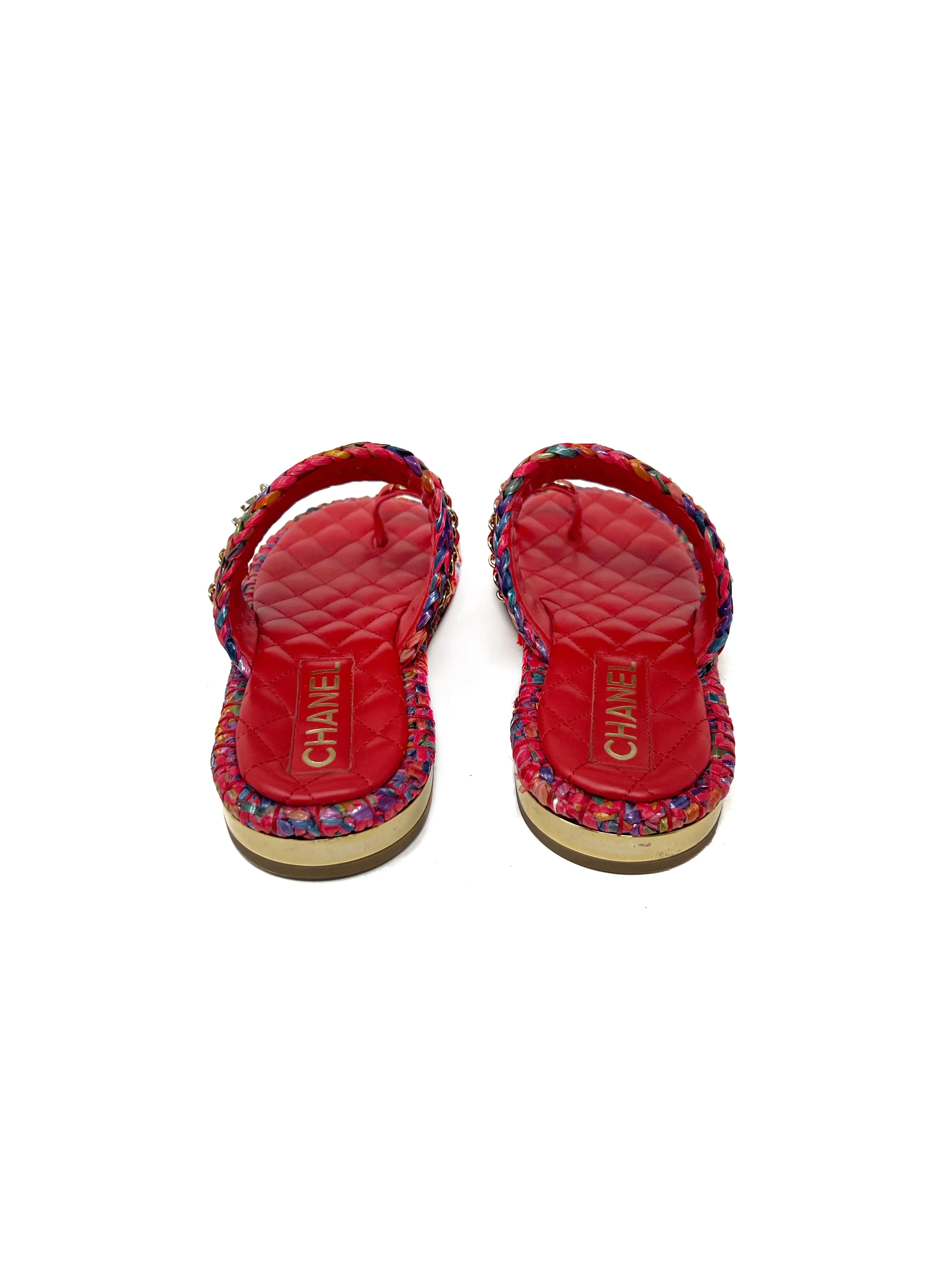 Chanel Size 36.5 '20S/S Raffia Chain Toe Ring Leather Sandals