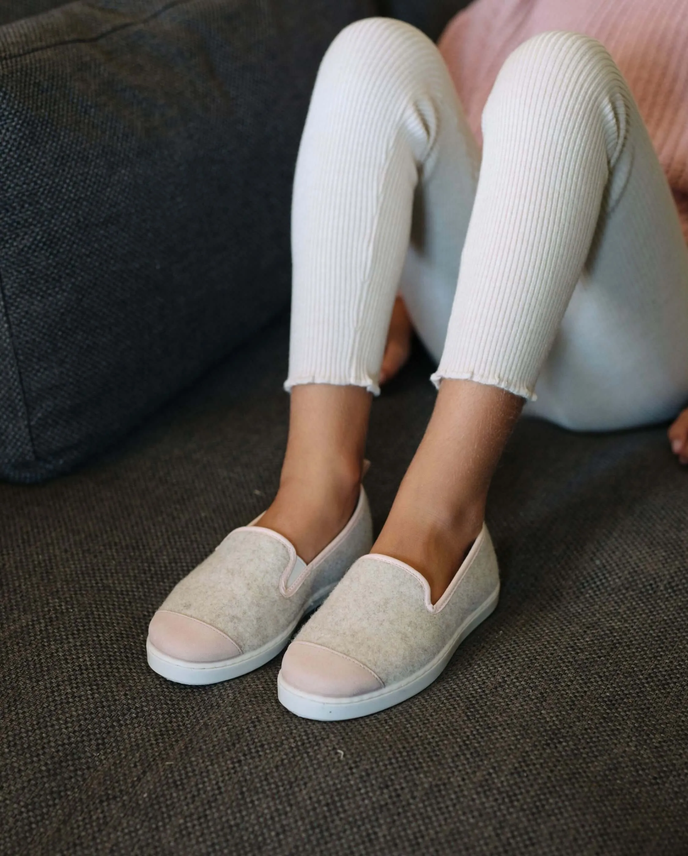 Chausson enfant laine, beige rose poudré