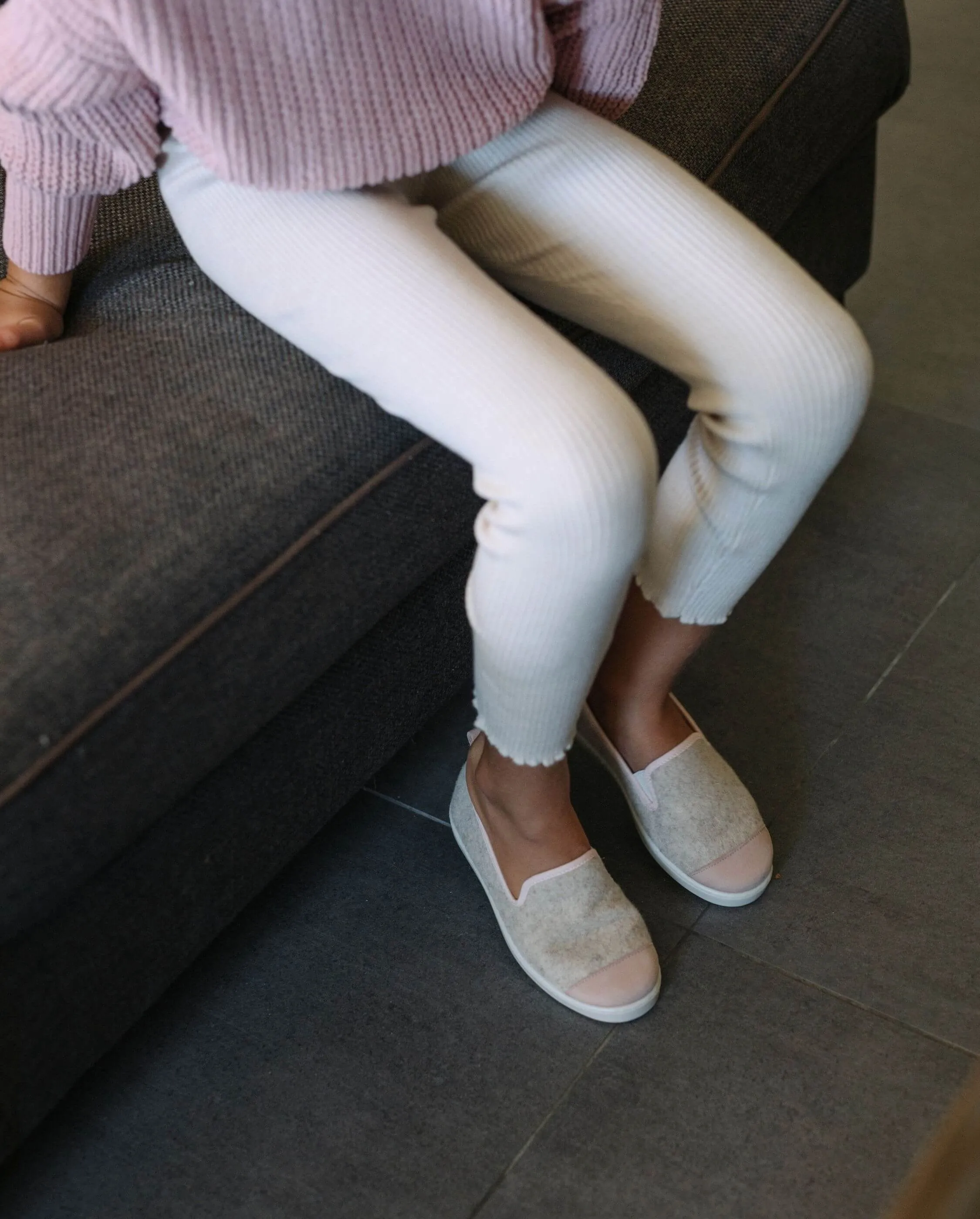 Chausson enfant laine, beige rose poudré