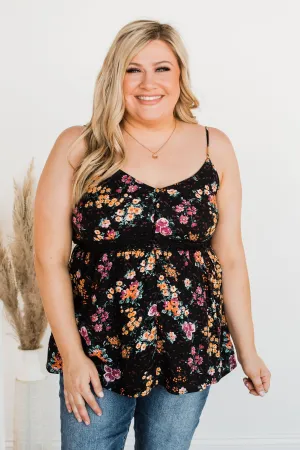 Chose Happiness Floral Tank Top- Black
