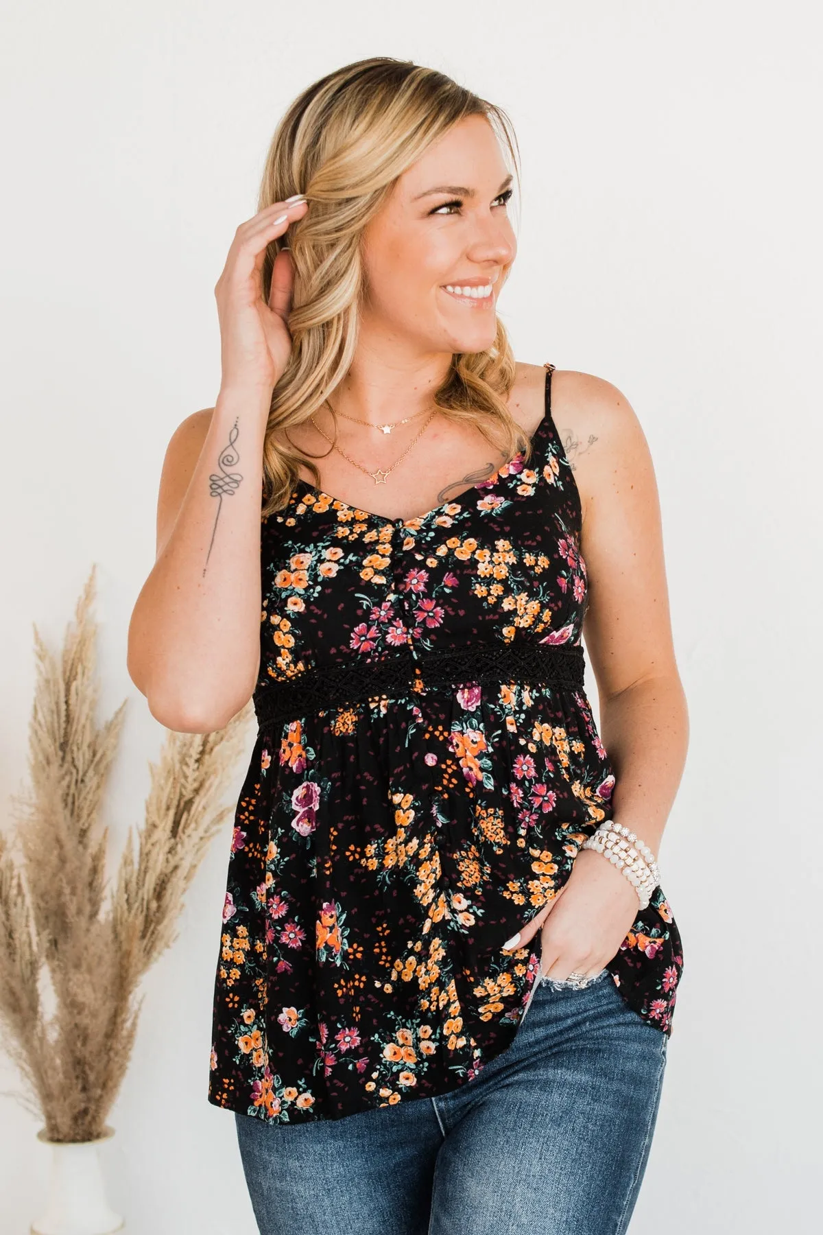 Chose Happiness Floral Tank Top- Black