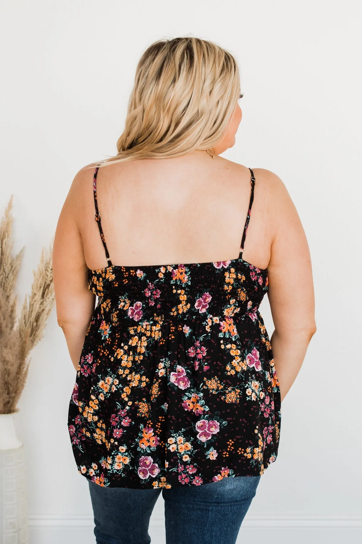 Chose Happiness Floral Tank Top- Black