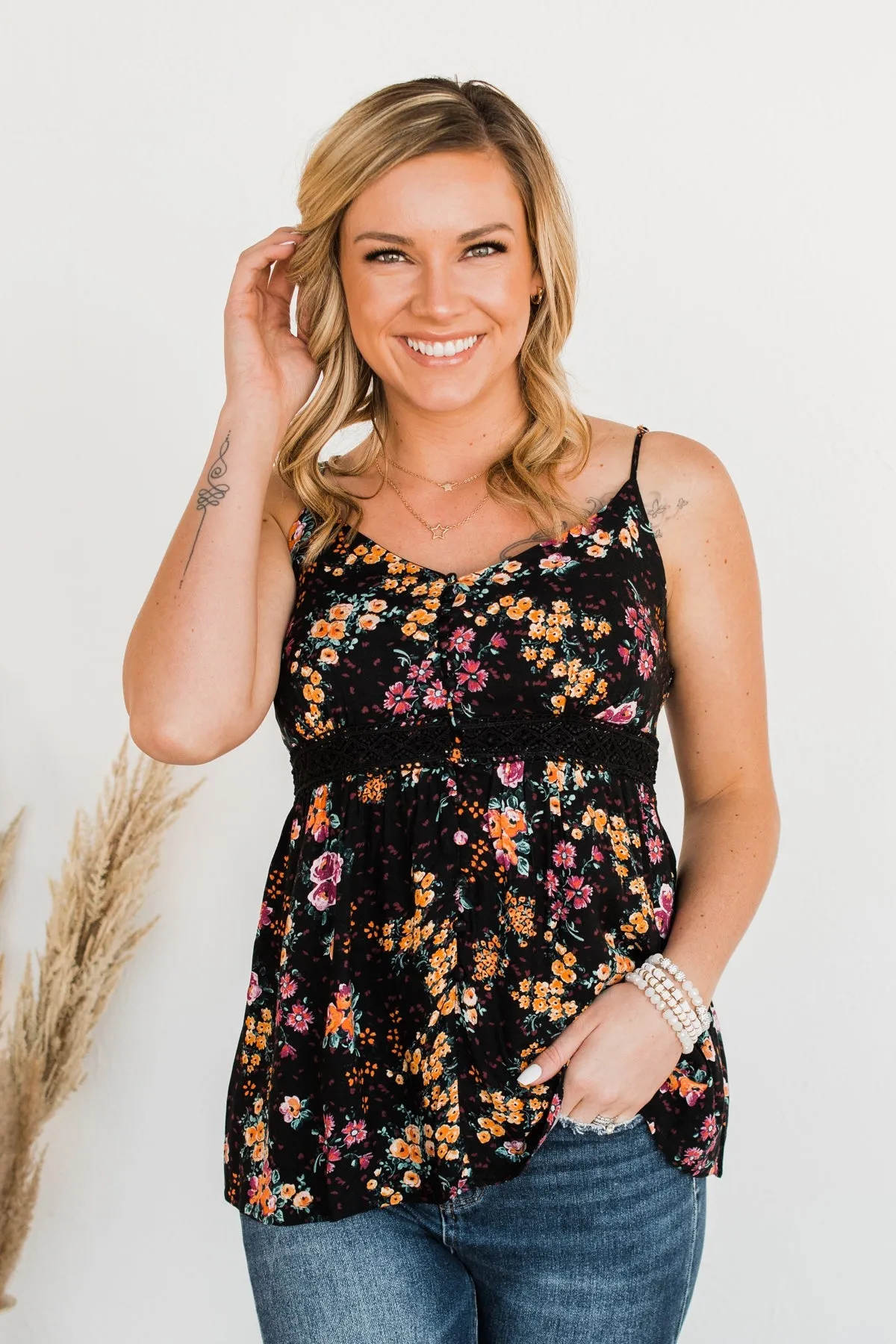 Chose Happiness Floral Tank Top- Black