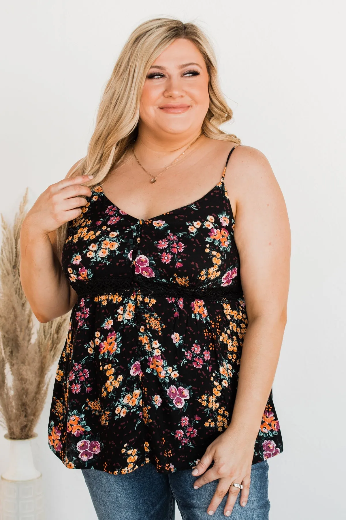 Chose Happiness Floral Tank Top- Black
