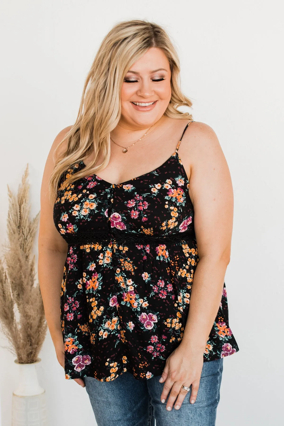 Chose Happiness Floral Tank Top- Black